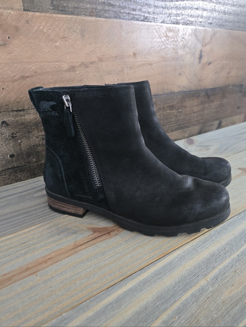 Sorel Sz 7.5 Waterproof Emelie Black Leather Side Zip Ankle Bootie NL3502-010